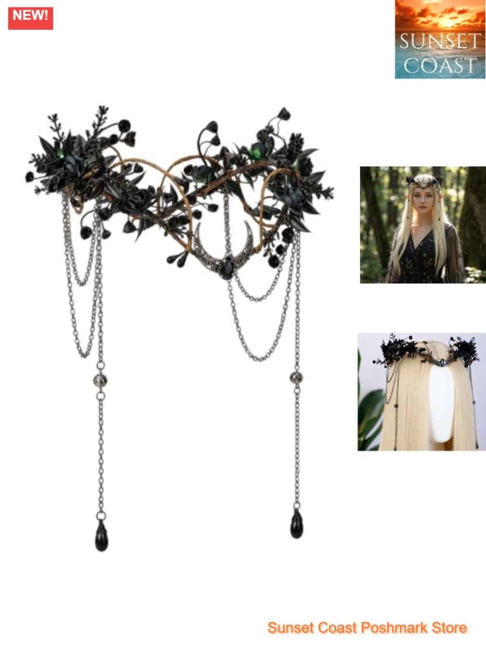 Gothic Witch Flower Headpiece Moon Elf Crown with Tassel Cosplay Renfaire